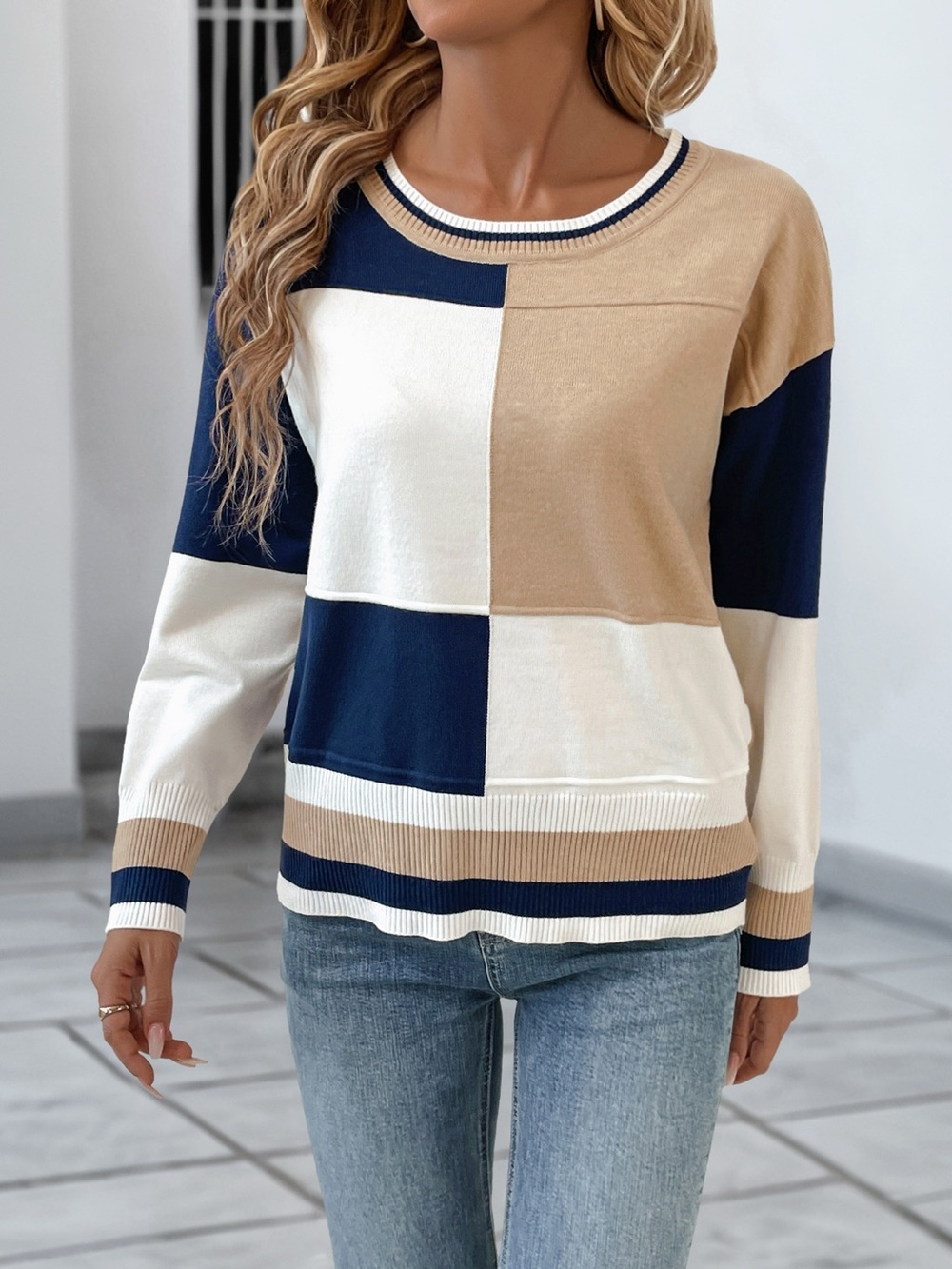 Color Block Round Neck Sweater with Ribbed Trim - Picture 4 of 10